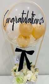 Printed Congratulations on Bubble balloon with 12 white floweers basket